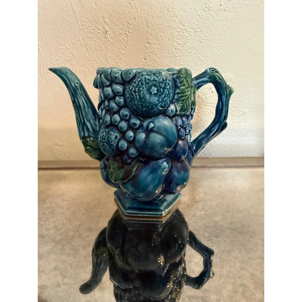 Vintage Japan Majolica Fruit Teapot Teal Blue McM Ceramic boho cottage retro dai